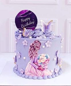 کیک تولد دخترانه بنفش سبد گل