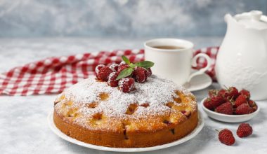 Simple cake with powdered sugar and fresh raspberries on a light